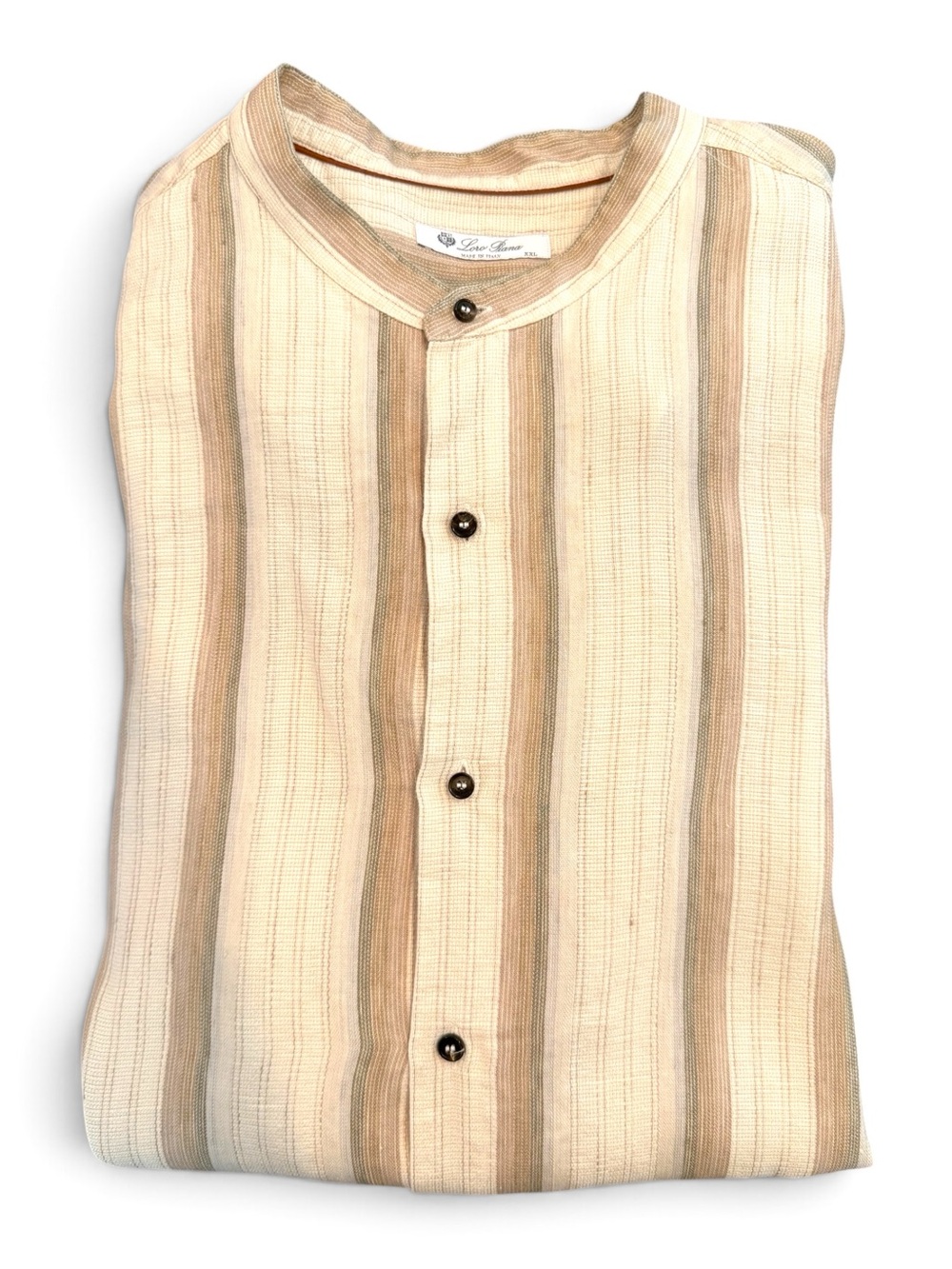 Loro Piana MEN’S Linen Cream & Tan Striped Band-Collar Shirt